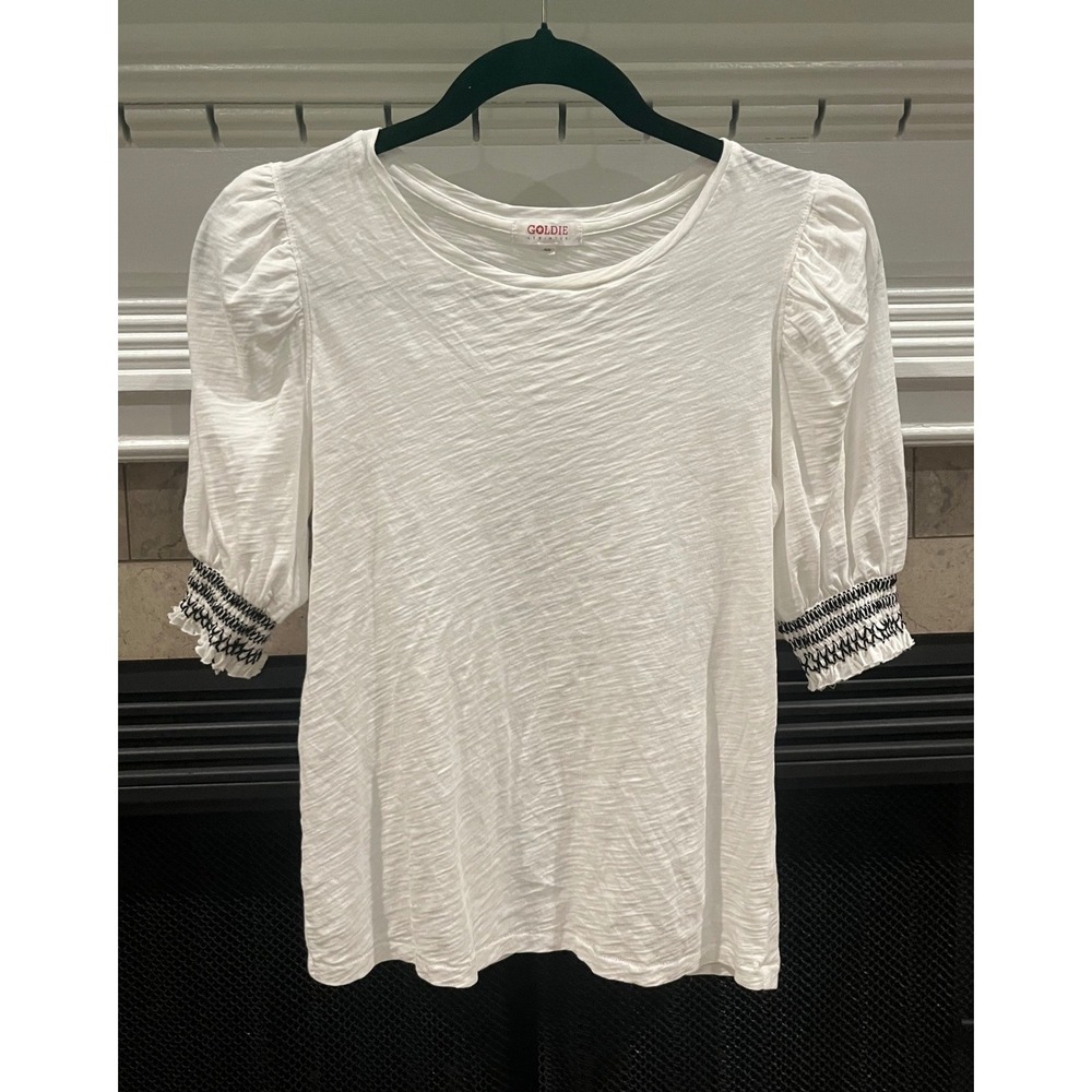 GOLDIE LEWINTER White Embroidered Cuffed Pima‎ Cotton Shirt XS